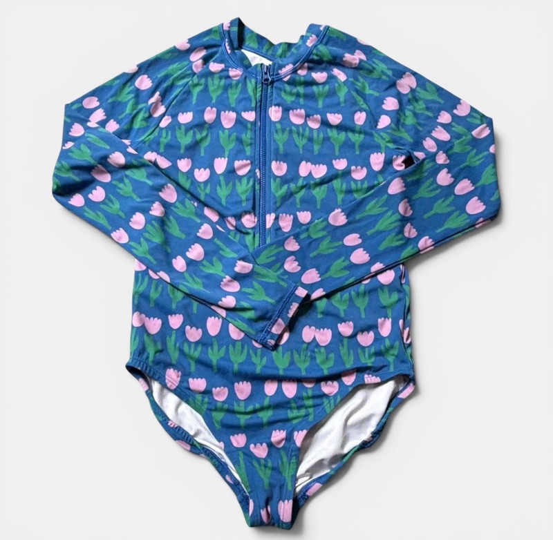 Hanna Andersson Girls Floral Long Sleeve Zip One Piece Swimsuit Blue US 12