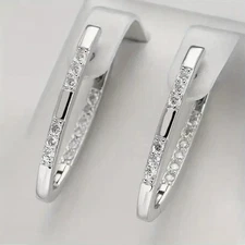 925 STERLING SILVER ELEGANT V SHAPED HOOP CZ EARRINGS G 116