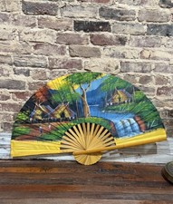     Vtg Large Oriental Hand Painted Fan 40  x24  Wall Hanging Japanese Chinese