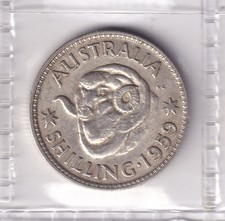 AUSTRALIAN: 1959 PRE-DECIMAL QEII SILVER (1/) SHILLING CIRCULATED COIN #M3304/7
