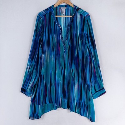 Catherines Tunic Top Womens 3X Blue Abstract Sequin Flowy Sharkbite Boho Layered