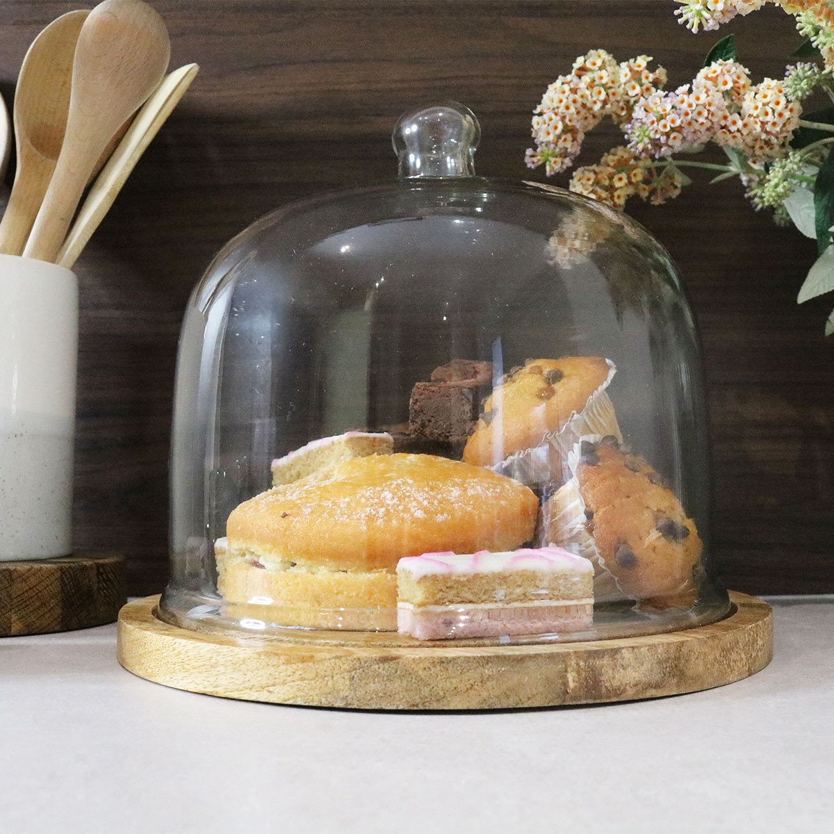 Glass Cake Dome with Wooden Base - 29.5cm