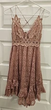 Free People One Adella Rose Pink Slip Crochet Lace Mini Boho Dress S/P