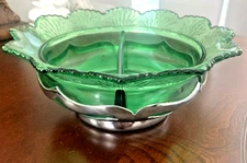 Vintage Farber Bros Krome Kraft Emerald Green 3 Part Glass Divided Relish Dish