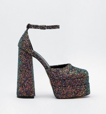 Nasty Gal, TRENDY Blue glitter sparkle 6.5" block heel double platforms, SZ 9
