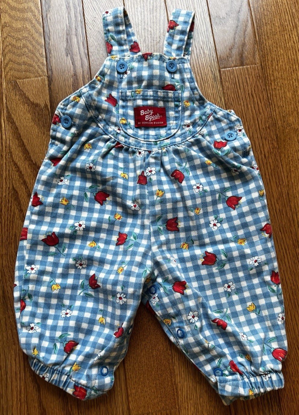 Vintage Oshkosh B’gosh Gingham Tulip Print Overalls Made in USA Baby Size 3/6 M