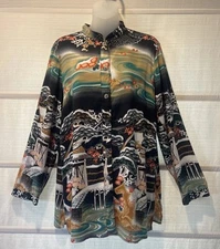 CITRON SANTA MONICA Blk Silk/Spandex Asian Bonsai Garden Tunic Blouse~M~EUC