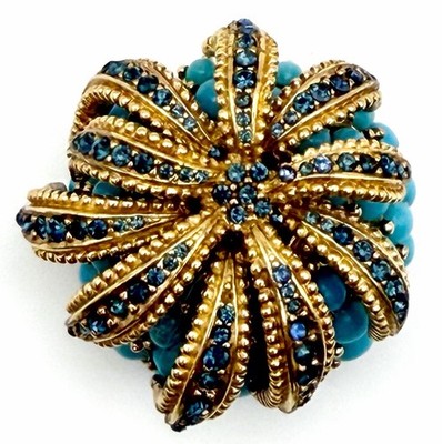 CINER Pineapple Brooch Faux Turquoise Cabochon Rhinestone Gold Tone Signed Vtg