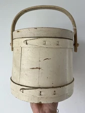 AAFA EARLY PRIMITIVE PRAIRIE AMERICANA FARMHOUSE Cream GRAY PAINT FIRKIN BUCKET