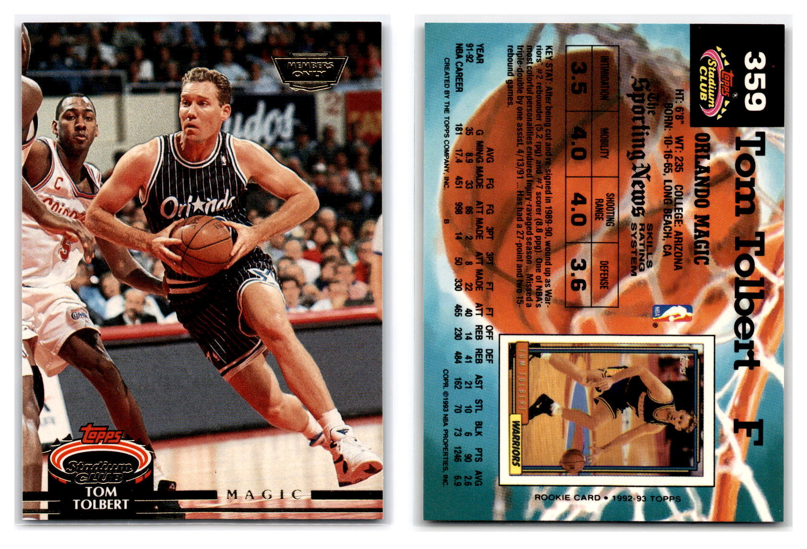 1992-93 Stadium Club Members Only #359 Tom Tolbert - Orlando Magic