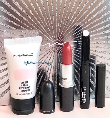 MAC Satin Lipstick MOCHA+Prep&Prime LIP+Strobe Cream PINKLITE ~ RUN THE SHOW KIT