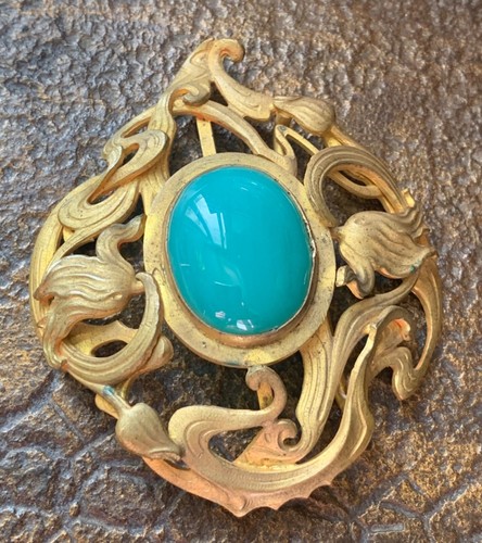 Boucle de ceinture art nouveau bronze doré cabochon en ouraline décor floral - Picture 3 of 8