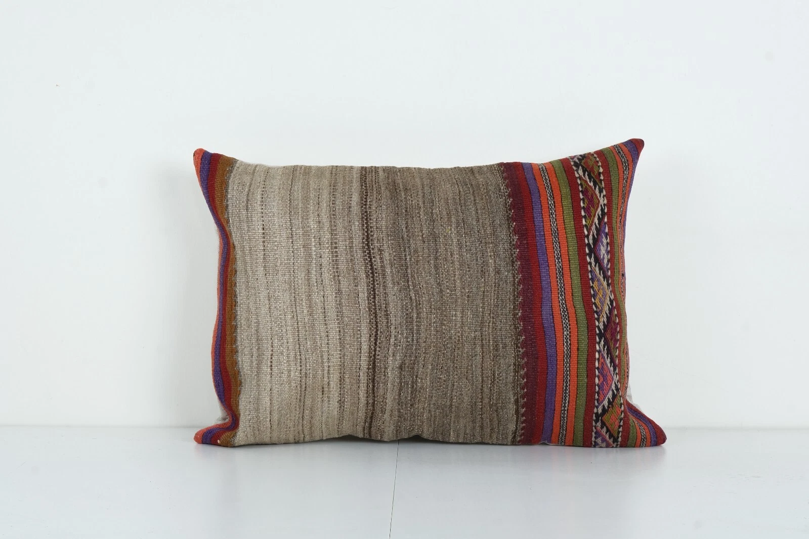 Vintage Brown Turkish Hemp Kilim Pillow Cover, Striped Anatolian Cushion Cover