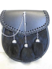 Black Rabbit & Leather with Pin Closure Sporran for Kilts Includes Chain Belt