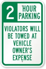 2 Hour Parking Aluminum Weatherproof 8" x 12" Sign p00014