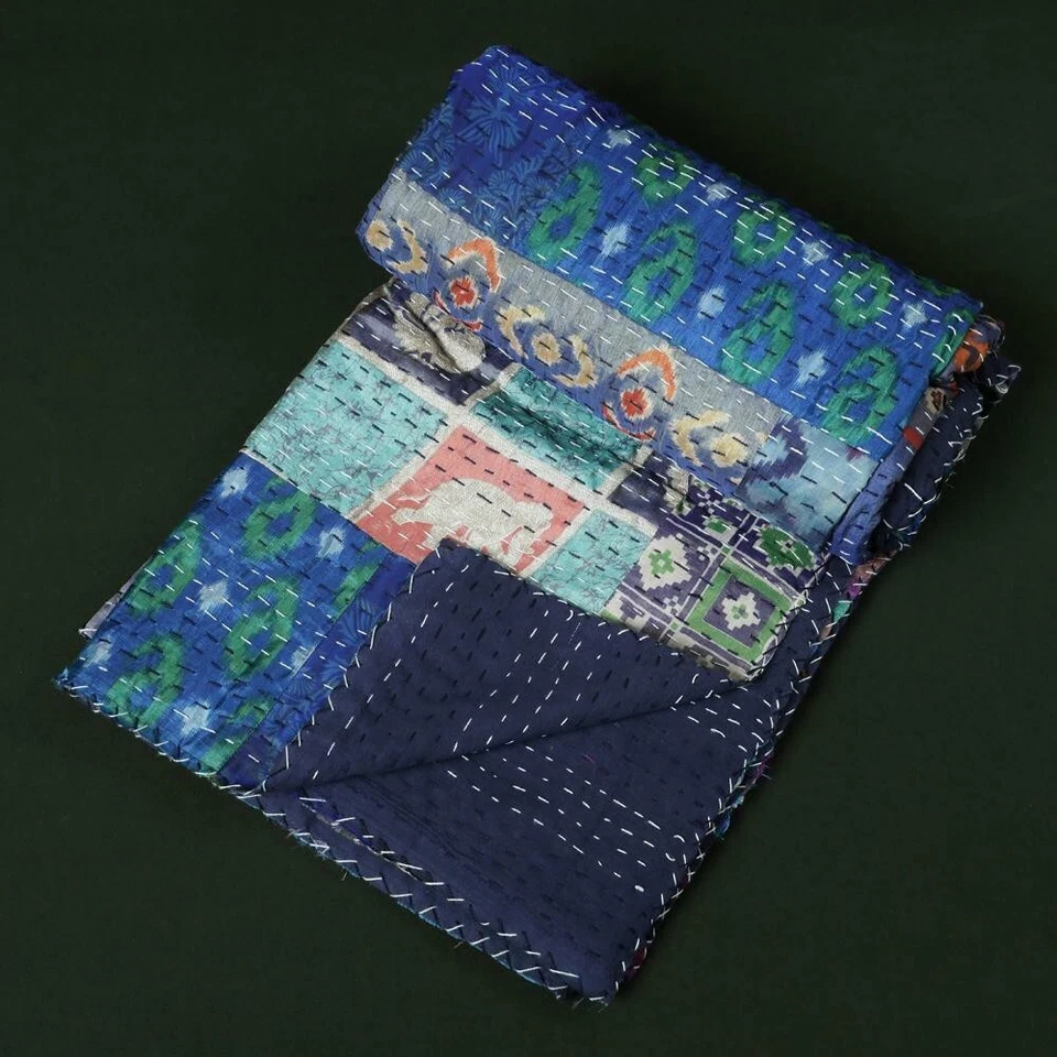 Vintage Indian Handmade Blue Kantha Quilt Patchwork Bedspread Throw Silk Blanket - Image 2 of 4