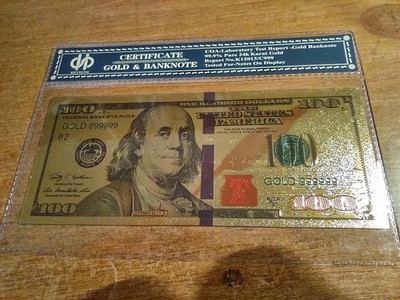 100 Dollar Gold Banknote. 99.9% Pure 24k Karat Gold Beautifully Displayed.