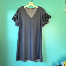 Cremieux Women's V Neck Flutter Sleeve Dress Slate Blue and White Size XS