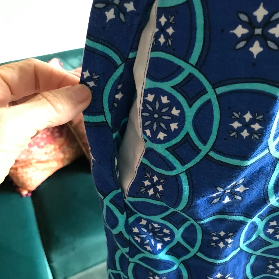 Vestido LIZ CLAIBORNE Talla XL Azul Estampado Geométrico Sin Mangas Mezcla de Lino Bolsillos Foto 4 de 4