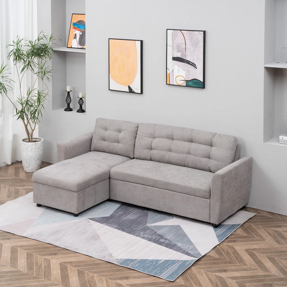 HOMCOM Divano Letto Angolare 3 Posti con Chaise Longue Contenitore in Tessuto - Immagine 3 di 4