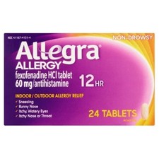 Allegra Allergy 12HR Non-Drowsy 60mg Antihistamine 24 Tablets Exp 4/27