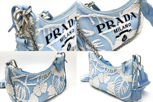 PRADA Re-Edition 2005 Embroidered Denim Shoulder Bag Light Blue White Floral - Picture 3 of 10