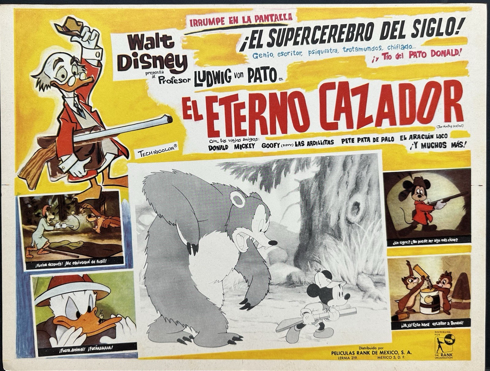 THE HUNTING INSTINT DONALD DUCK WALT DISNEY MEXICAN LOBBY CARD SET 1961 UNUSED