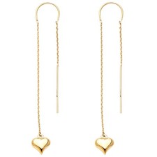 14K Solid Yellow Gold Heart Earrings -  2.7"  Cable Chain Threader - ER1727