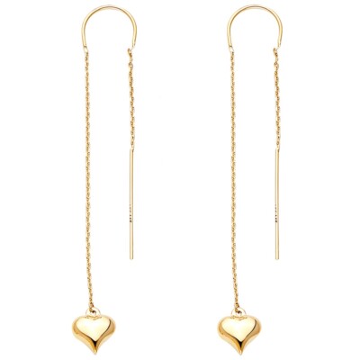 14K massive Gelbgold Herz Ohrringe - 2,7'' Kabel Kette Einfädler - ER1727