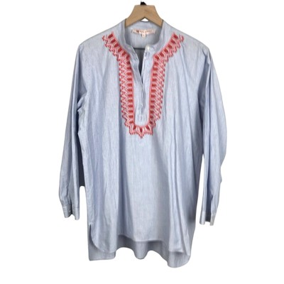 Ro's Garden Embroidered Tunic Top XL Long Sleeve Button Up Blue Stripes Boho
