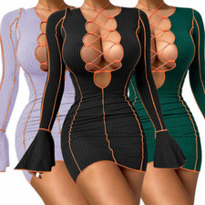 Sexy Women Front Bandage Long Flare Sleeves Patchwork Bodycon Party Mini Dress