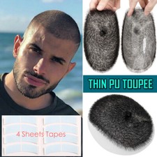 Mens Human Hair Toupee Ultra Thin PU Skin Wig Hair piece System Short Cut 1cm US
