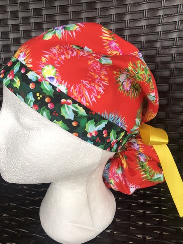 🎄Christmas wreaths ponytail style scrub cap hat womens large ribbon ties - Picture 2 of 3