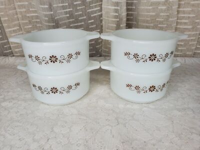 Vintage Dynaware Handled Milk Glass Mini Casserole Dish Brown Daisy 4 Pc Set