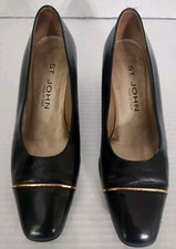 St John Womens Pumps Size 7B Black Gold Leather Black Gold Striped Heel