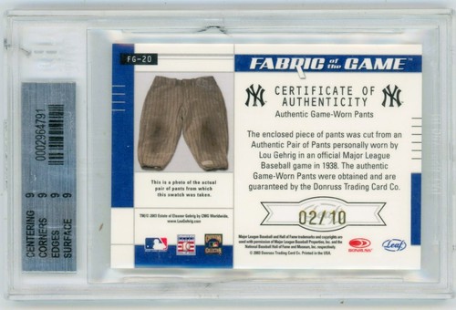 2003 Leaf Certified Materials Lou Gehrig Fabric of the Game Worn Pants /10 BGS 9 - Picture 2 of 2