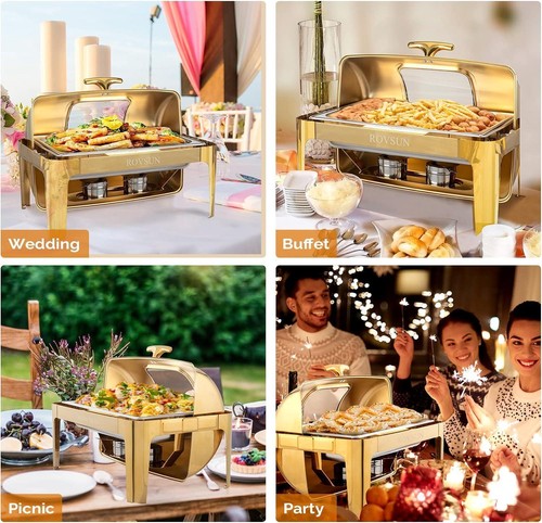 Gold 9QT Roll Top Chafing Dish Buffet Set Stainless Steel with Fuel Holder Home - Picture 2 of 4