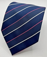 Men's Neck Tie Navy Blue w/ White Pink Pin Stripes Textured Fabric Short
