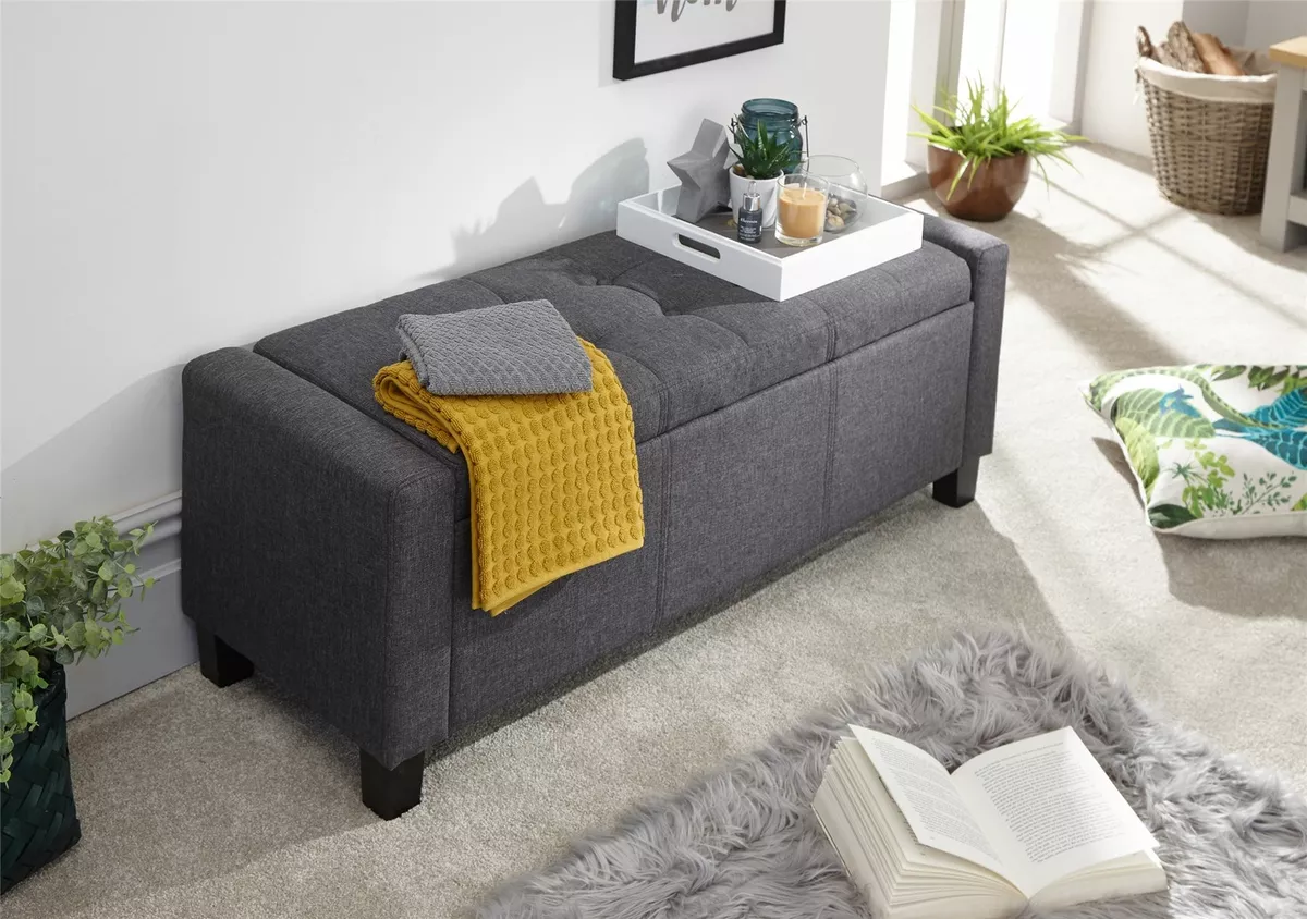 Grey fabric 2024 storage bench