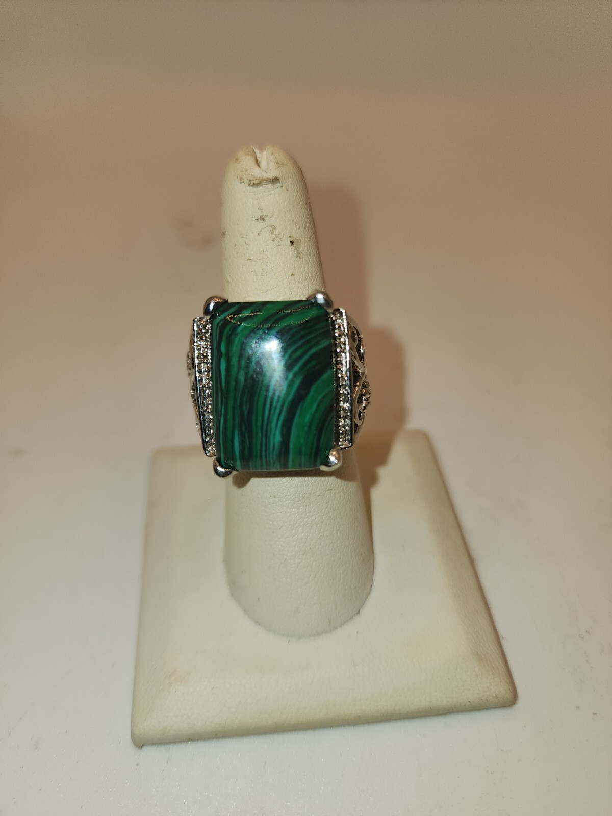 Faux Rectangle Malachite Silver Electroplated Rin… - image 1