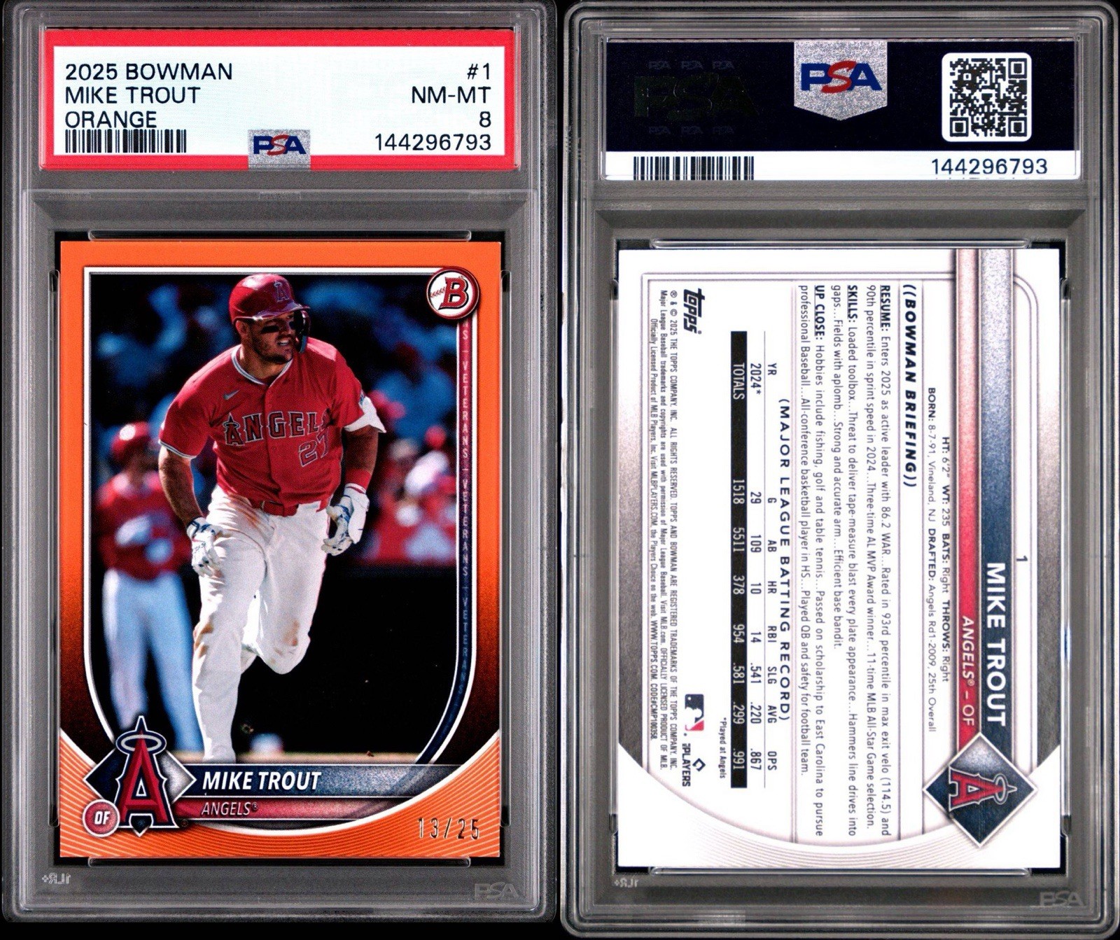 2025 Bowman Mike Trout Orange /25 Angels PSA 8 NEAR MINT view 3
