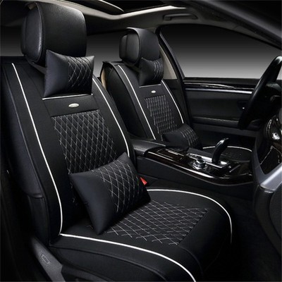 Black & White PU Leather Car Seat Covers Front & Rear Full Set Premium Interior
