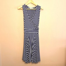 MAX STUDIO Navy White Stripe V Neck Sleeveless Midi Wrap Dress Size S