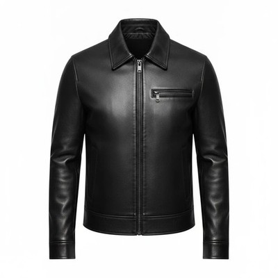 Men's Black Leather Jacket Full Zip Casual Classic Biker Style Coat