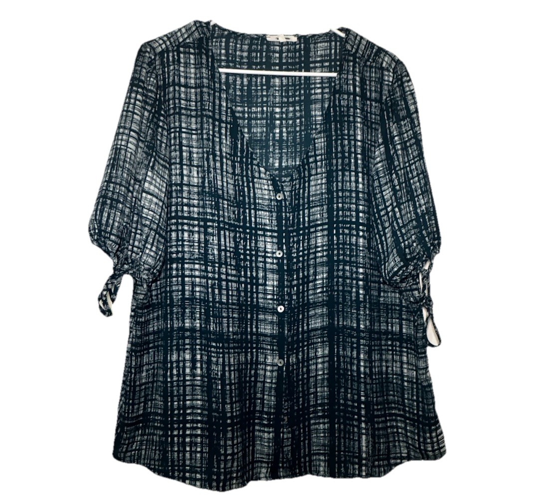 Maurice’s Women’s Large L Navy Blue White Grid Button Front Blouse Tie Sleeve