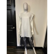 SHEIN White Padded Shoulder T-Shirt Dress with Black Lace Hem Midi