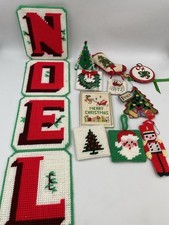 Vtg 11pc Needlepoint Christmas Ornaments Decor Craft, Handmade Granny Unique CH2