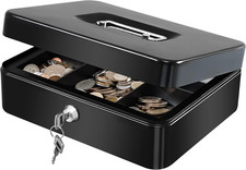 Large Cash Box with Removable Money Tray, Key Lock Metal Storage Box with 2 Keys
