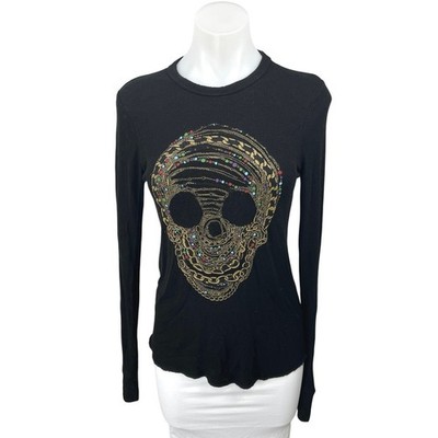Lauren Moshi Women's Black Skull Print Knit Long Sleeve Crewneck Top Size 30