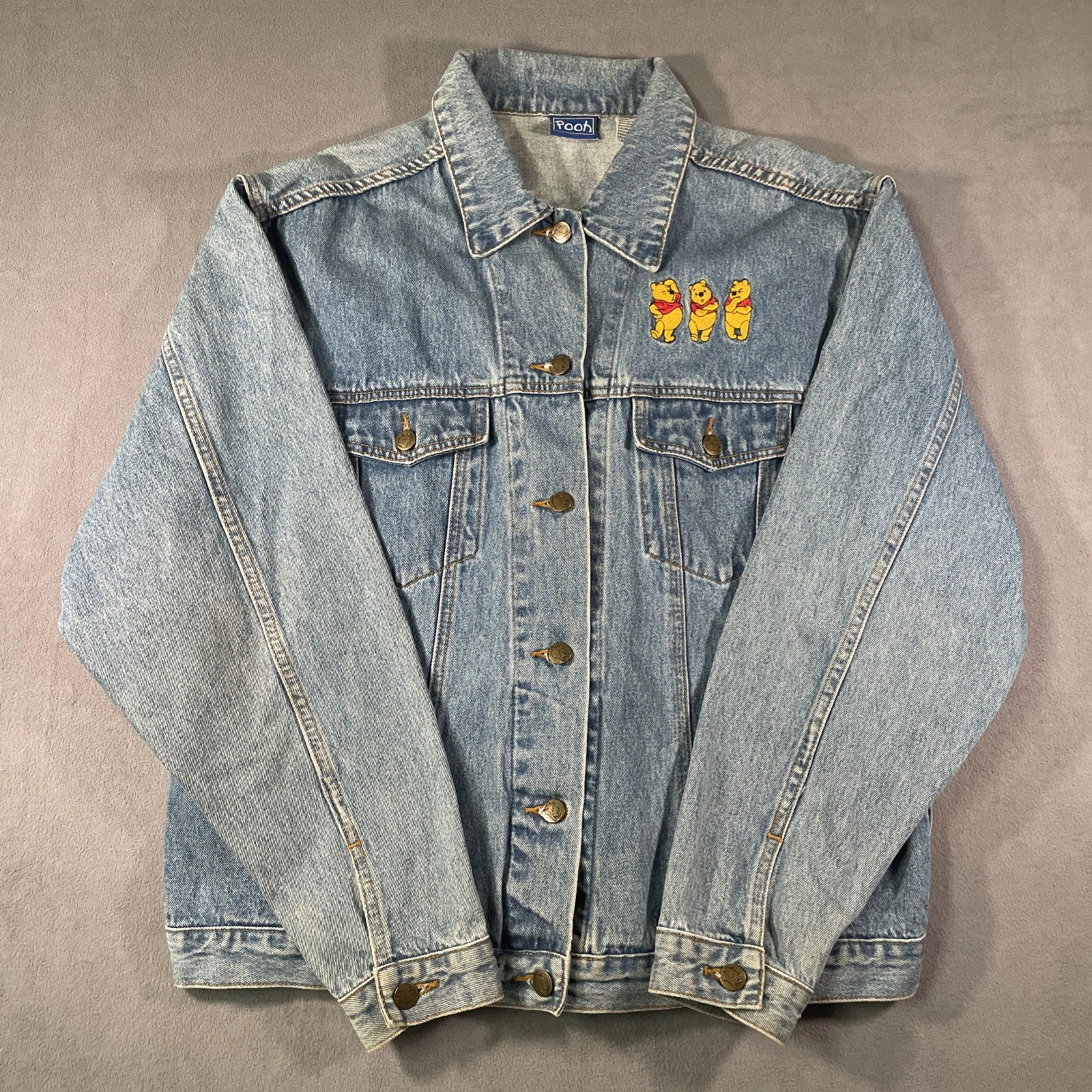 Vintage Winnie The Pooh Denim Jacket Men L Blue Jean Biker Trucker Retro Disney